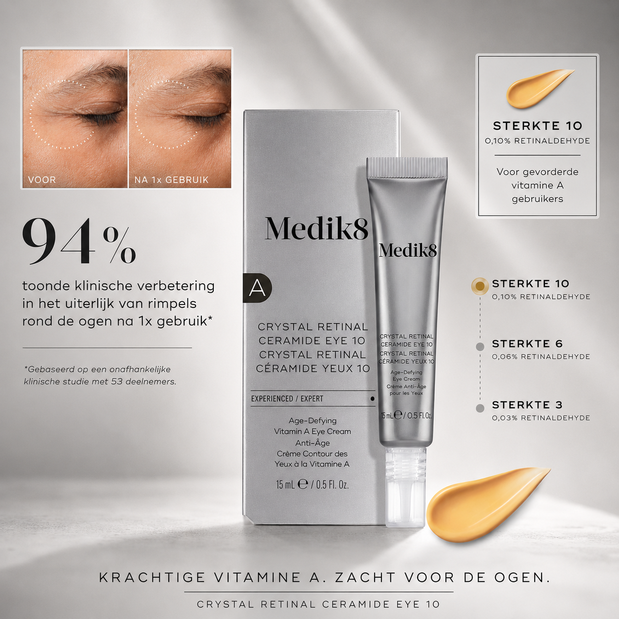 Medik8 Ogen & Lippen | Crystal Retinal® Ceramide Eye 10 15ml – 0,10% Retinal Oogcrème met Ceramiden tegen Rimpels, Donkere Kringen & Wallen