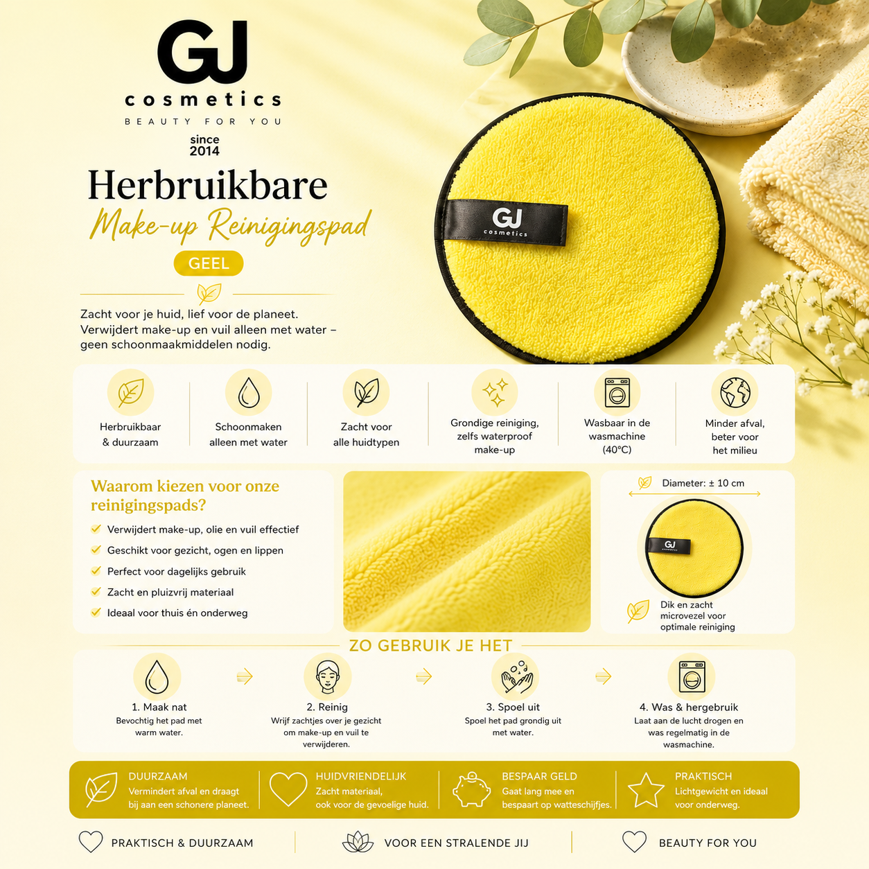 Herbruikbare make-up reinigingspad - Geel