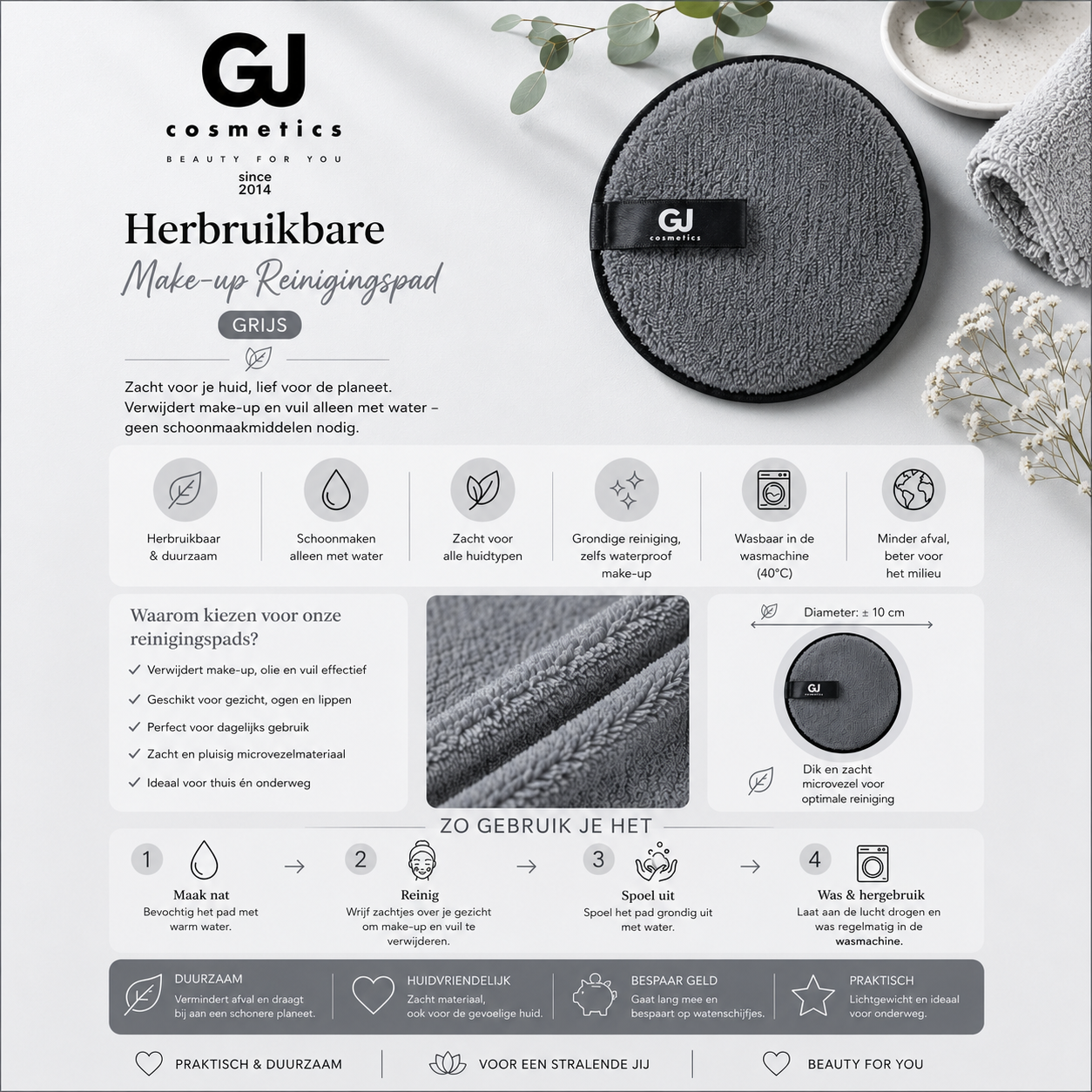 Herbruikbare make-up reinigingspad - Grijs