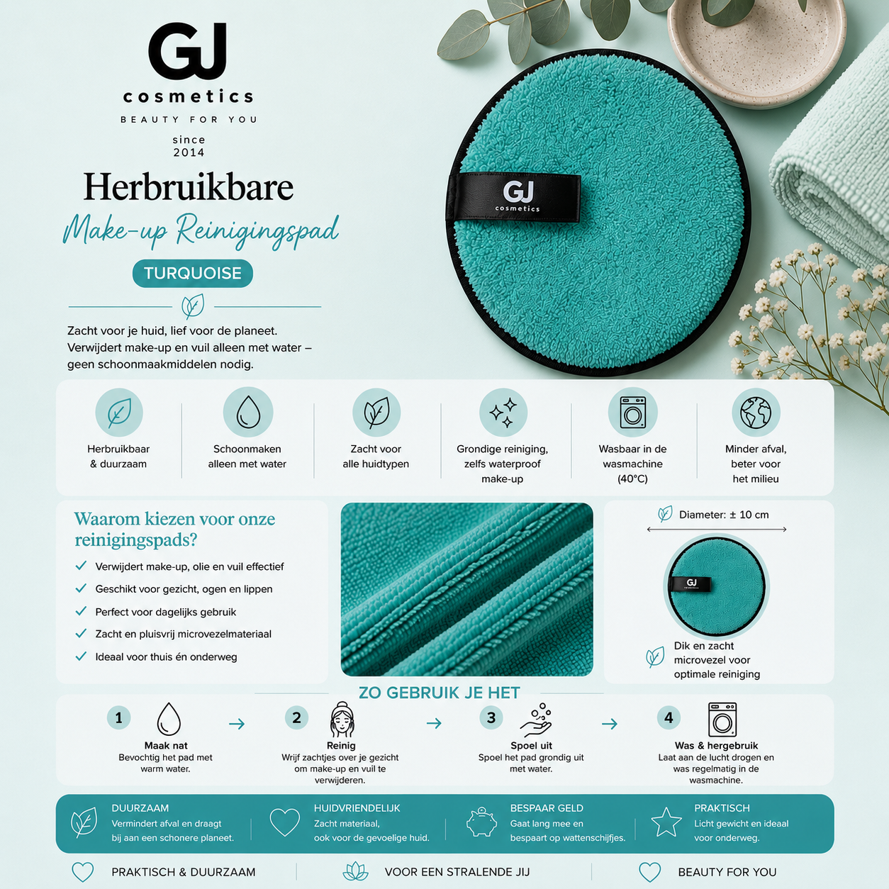 Herbruikbare make-up reinigingspad - Turquoise