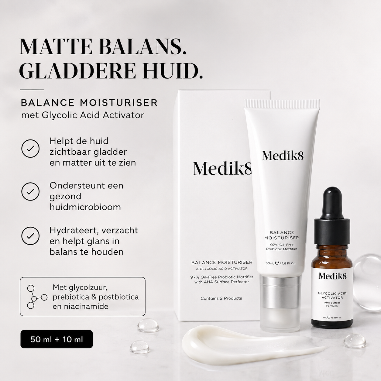 Medik8 Directe zuren | Balance Moisturiser 50ml + Glycolic Acid Activator 10ml - Matterende Crème met AHA voor Onzuivere Huid