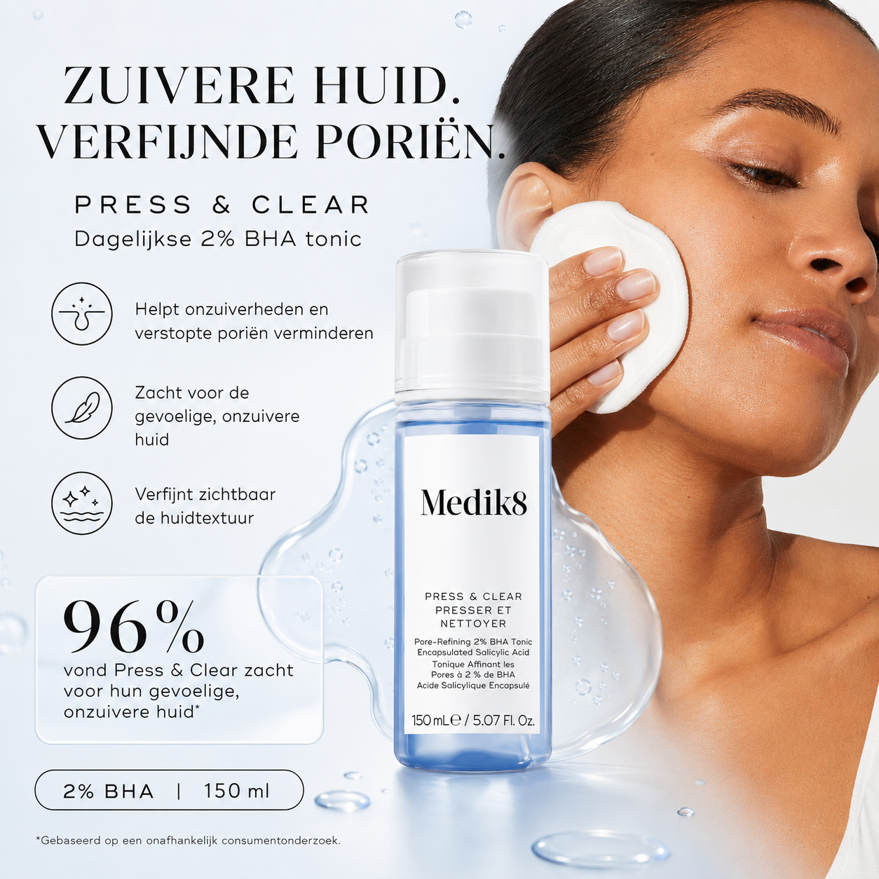 Medik8 Directe zuren | Press & Clear 150ml - 2% BHA Tonic met Salicylzuur - Voor Onzuiverheden & Poriën