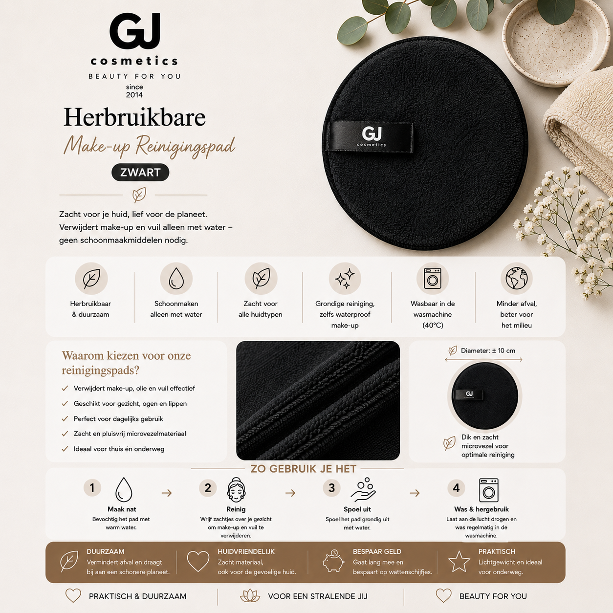 Herbruikbare make-up reinigingspad - Zwart