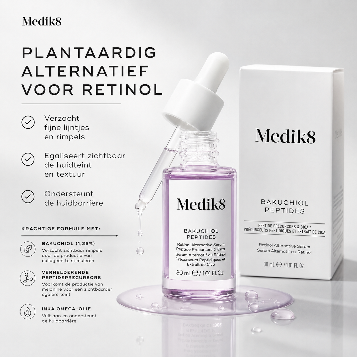 Medik8 Serum | Bakuchiol Peptides™ 30ml – 1,25% Bakuchiol met Peptiden & Cica als Retinol Alternatief tegen Rimpels, Roodheid & Ongelijke Teint