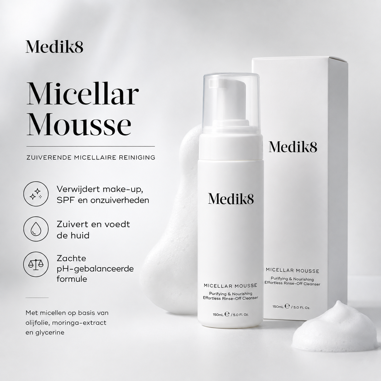 Medik8 Reinigers & toners | Micellar Mousse 150ml - Hydraterende Micellaire Schuimreiniger - Verwijdert Make-up & SPF