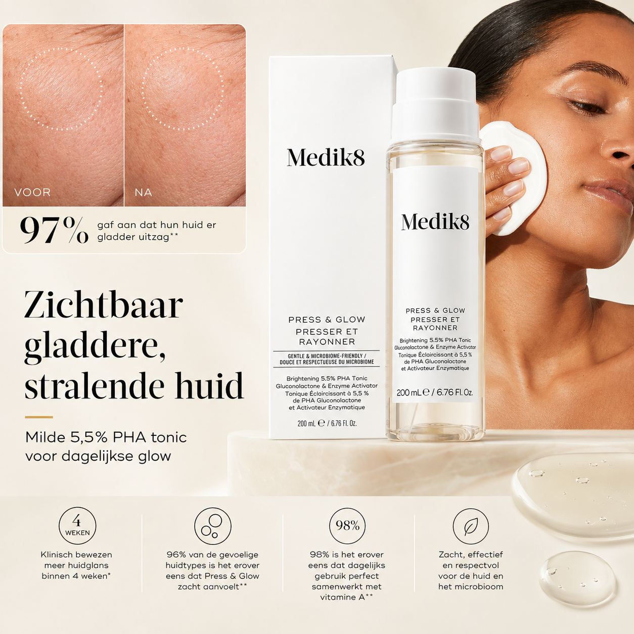 Medik8 Scrubs & maskers | Press & Glow™ 200ml – 5,5% PHA Exfoliërende Tonic met Gluconolacton voor Glow, Gladde Huid & Egalere Teint