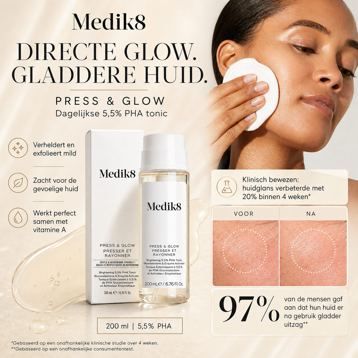 Medik8 Directe zuren | Press & Glow 200ml - Dagelijkse PHA Tonic met 5,5% Gluconolacton